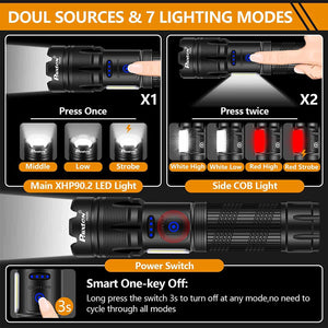 Rechargeable LED Flashlights High Lumens 10000 Lumen, High Power XHP90 Handheld Flash Lights, USB Rechargeable, Power Bank