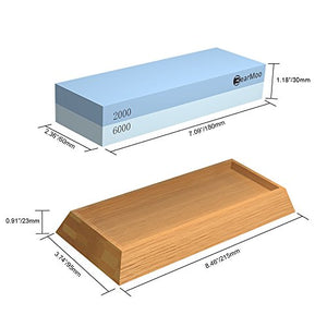 Sharpening Stone, BearMoo Waterstone Combination Grit 2000/6000 Whestone with Bamboo Base, Blade Guide l kitchen Knife Sharpener
