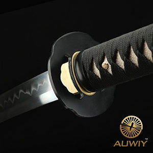 Katana Sword Real Handmade, Sharp Samurai Sword with T10 High Carbon Steel Blade Wooden Scabbard (Black Tsuba)