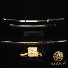 Katana Sword Real Handmade, Sharp Samurai Sword with T10 High Carbon Steel Blade Wooden Scabbard (Black Tsuba)