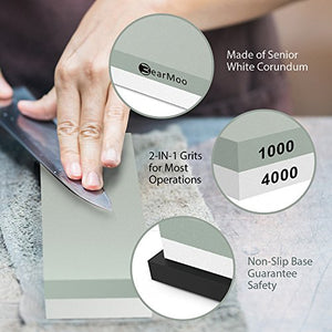 BearMoo Sharpening Stone ,2-IN-1 Whetstone,1000 / 4000 Grit Combination Knife Sharpener- Rubber Holder Included