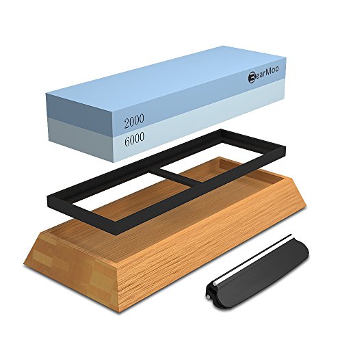 Sharpening Stone, BearMoo Waterstone Combination Grit 2000/6000 Whestone with Bamboo Base, Blade Guide l kitchen Knife Sharpener