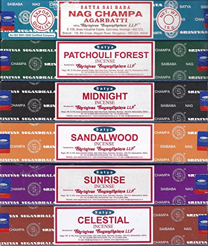 Set of 6 x 15g Boxes Incense Nag Champa Sunrise Sandalwood Midnight Patchouli...