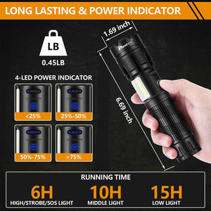 Rechargeable LED Flashlights High Lumens 10000 Lumen, High Power XHP90 Handheld Flash Lights, USB Rechargeable, Power Bank