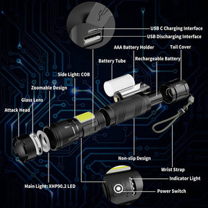 Rechargeable LED Flashlights High Lumens 10000 Lumen, High Power XHP90 Handheld Flash Lights, USB Rechargeable, Power Bank