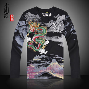 China National Wind Dragon embroidery shirts, tops for Summer, New-arrival, long sleeve High-quality cotton t-shirt