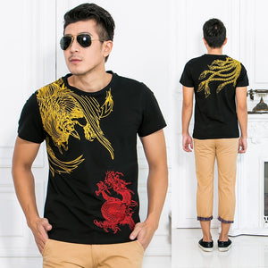 New Arrival, Chinese Style Dragon, Phoenix Embroidery, Men's Round Neck Cotton Shirts