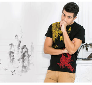 New Arrival, Chinese Style Dragon, Phoenix Embroidery, Men's Round Neck Cotton Shirts