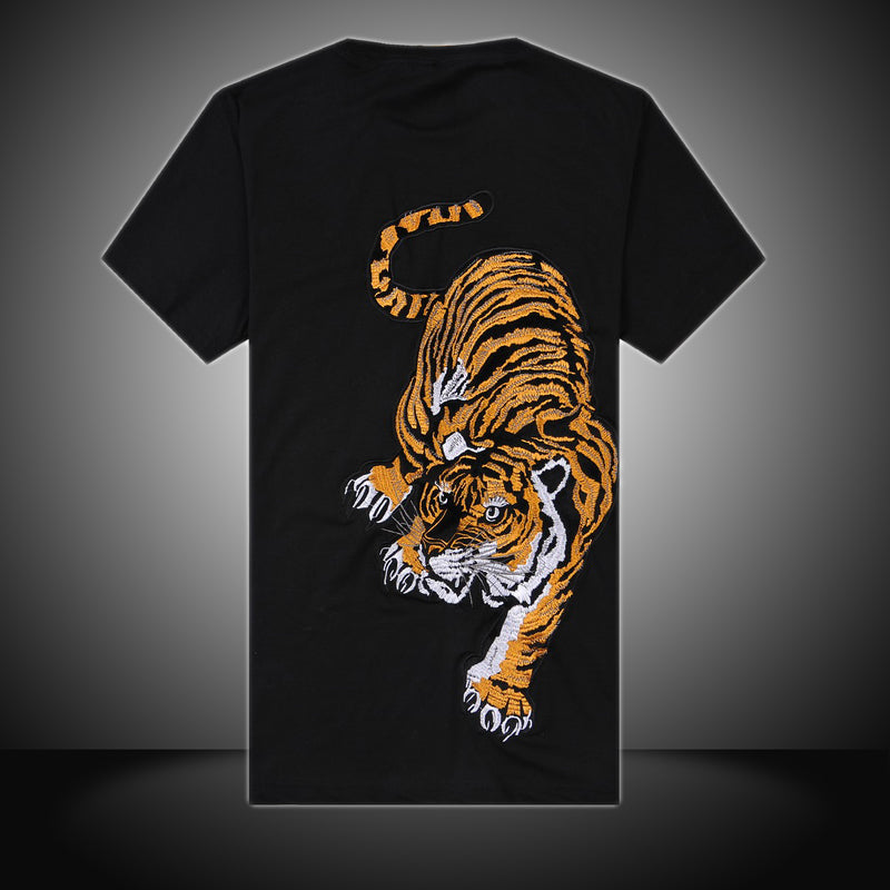 Chinese Style Embroidery Tiger T-shirt, Cotton, Round Neck