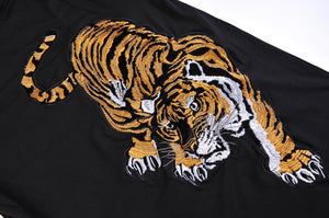 Chinese Style Embroidery Tiger T-shirt, Cotton, Round Neck, short sleeve, Black/White Shirts