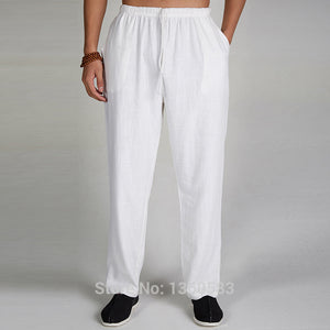 White Chinese Men Linen Pants, Traditional Martial Arts Pants, Size M L XL XXL XXXL XXXXL